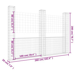 OMAXI Gabionový koš ve tvaru U se 3 sloupky železo 260 x 20 x 200 cm 764138